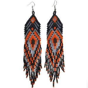 Long Orange Black Beaded Tassel Statement Earrings Boho Fringe Bohemian Tassels